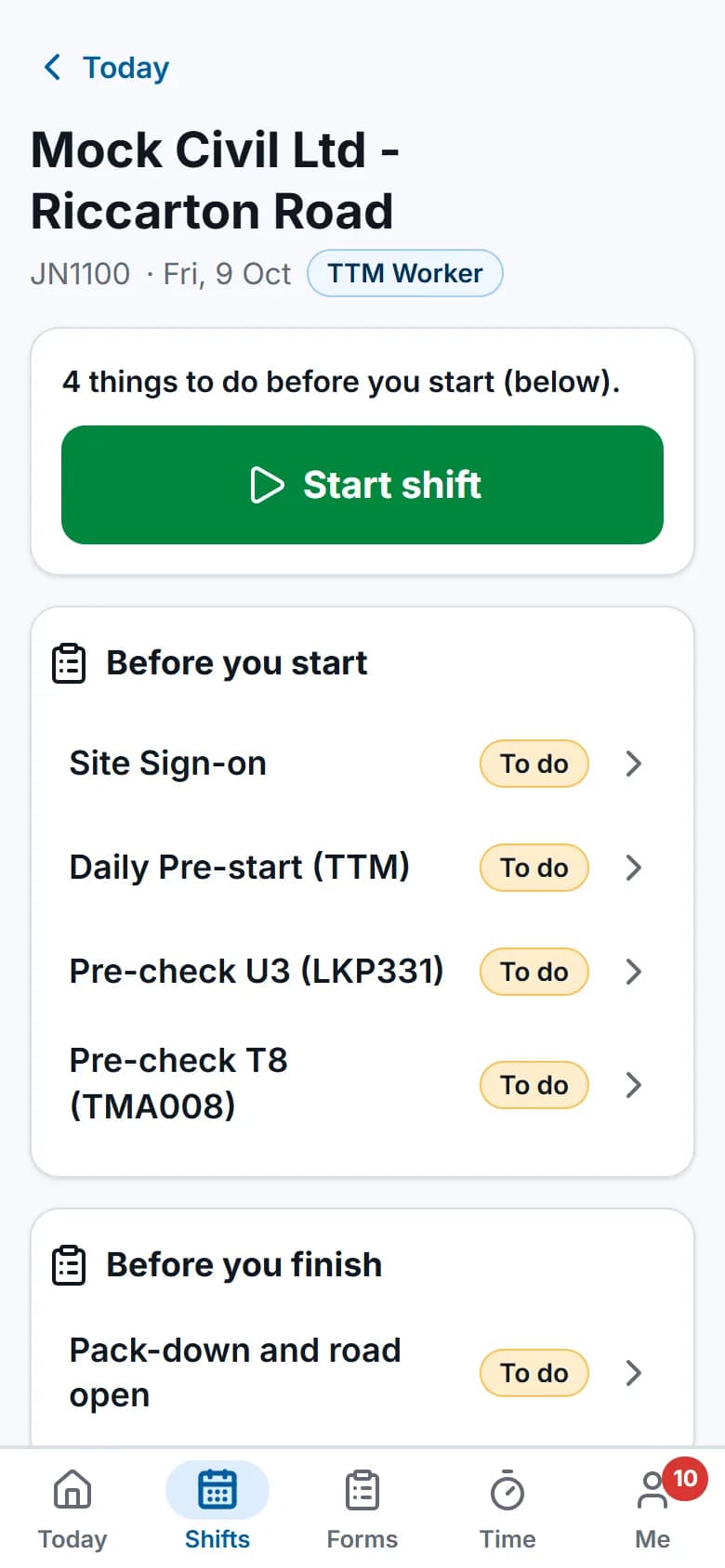Field app shift view: start shift, and the checks to complete before starting and finishing