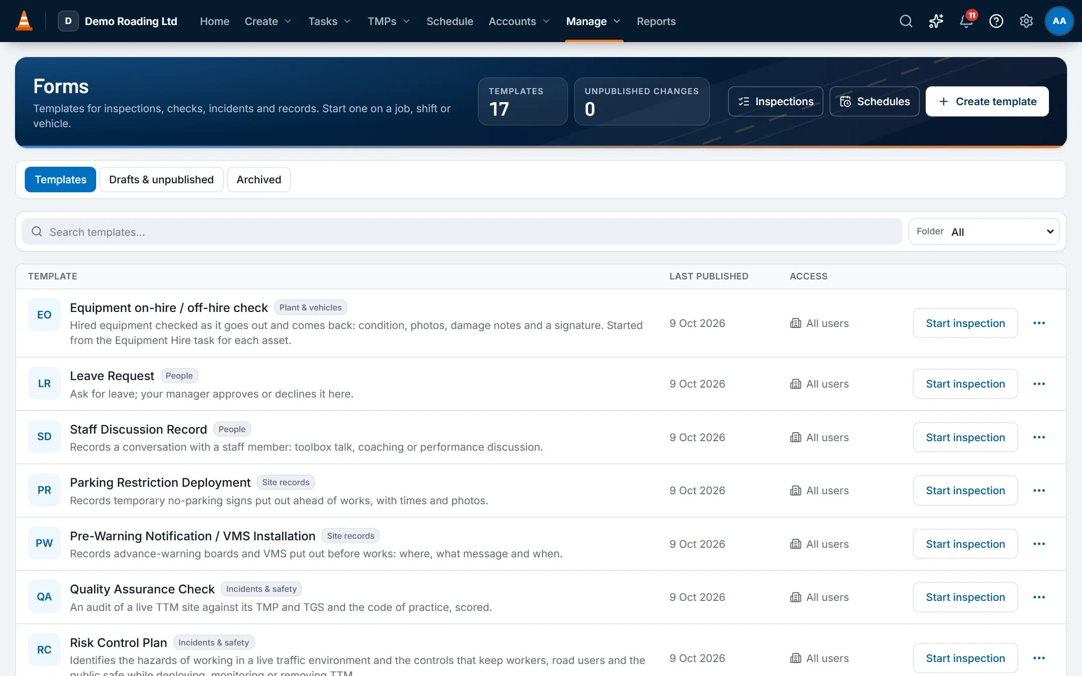 Forms: inspection and record templates such as site set-up checks and risk control plans