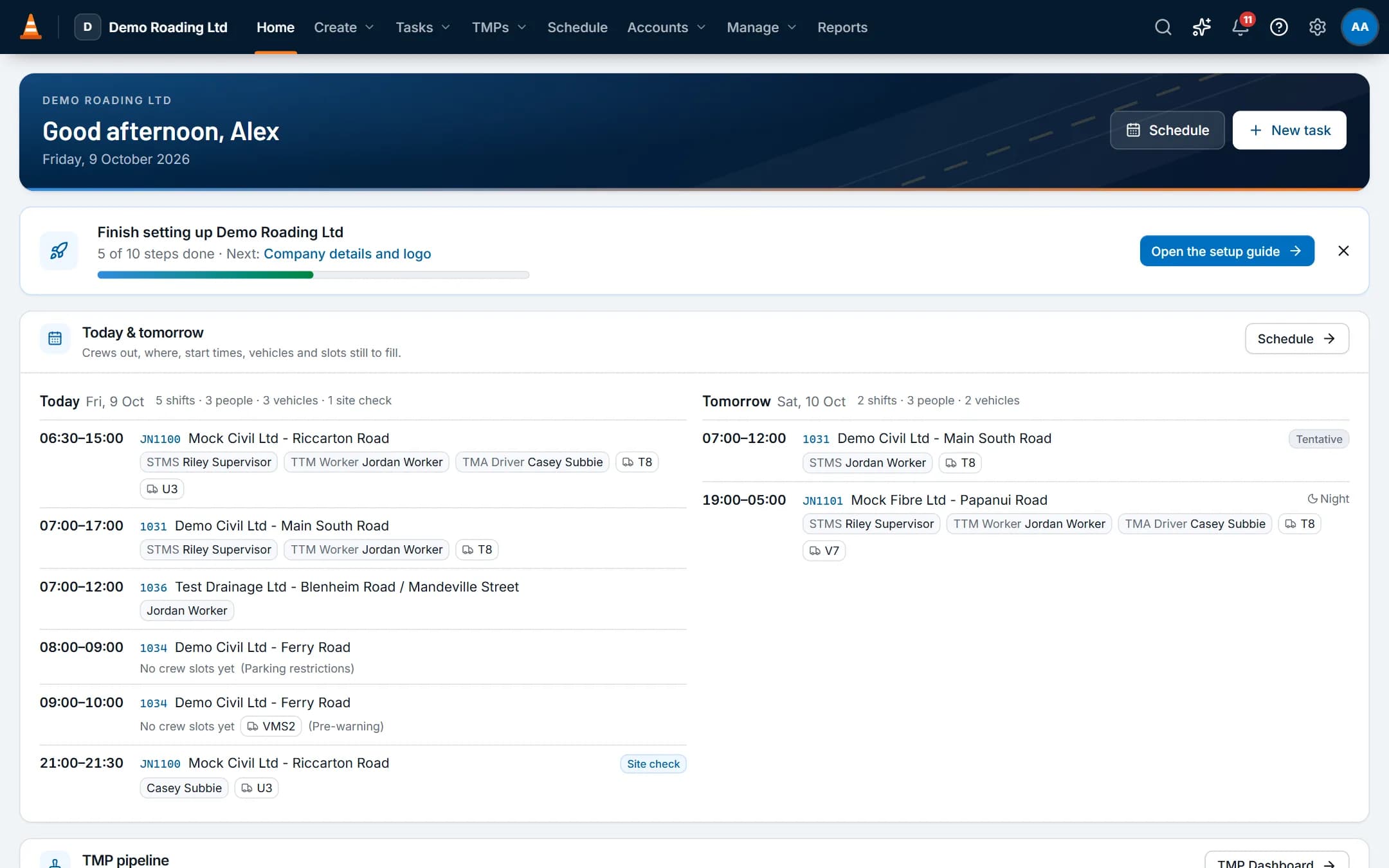 ProTTM home dashboard: today's and tomorrow's crews, slots still to fill, and the TMP pipeline