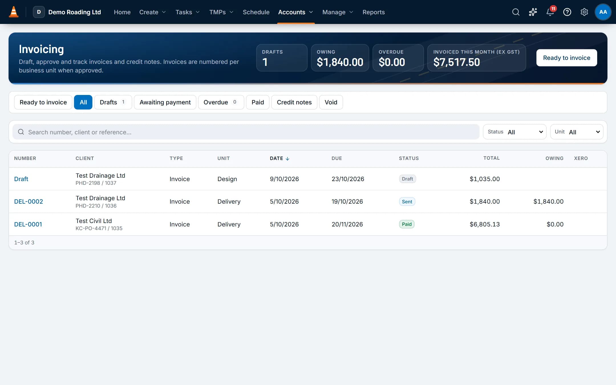 Invoicing: draft, sent and paid invoices with totals and amounts owing