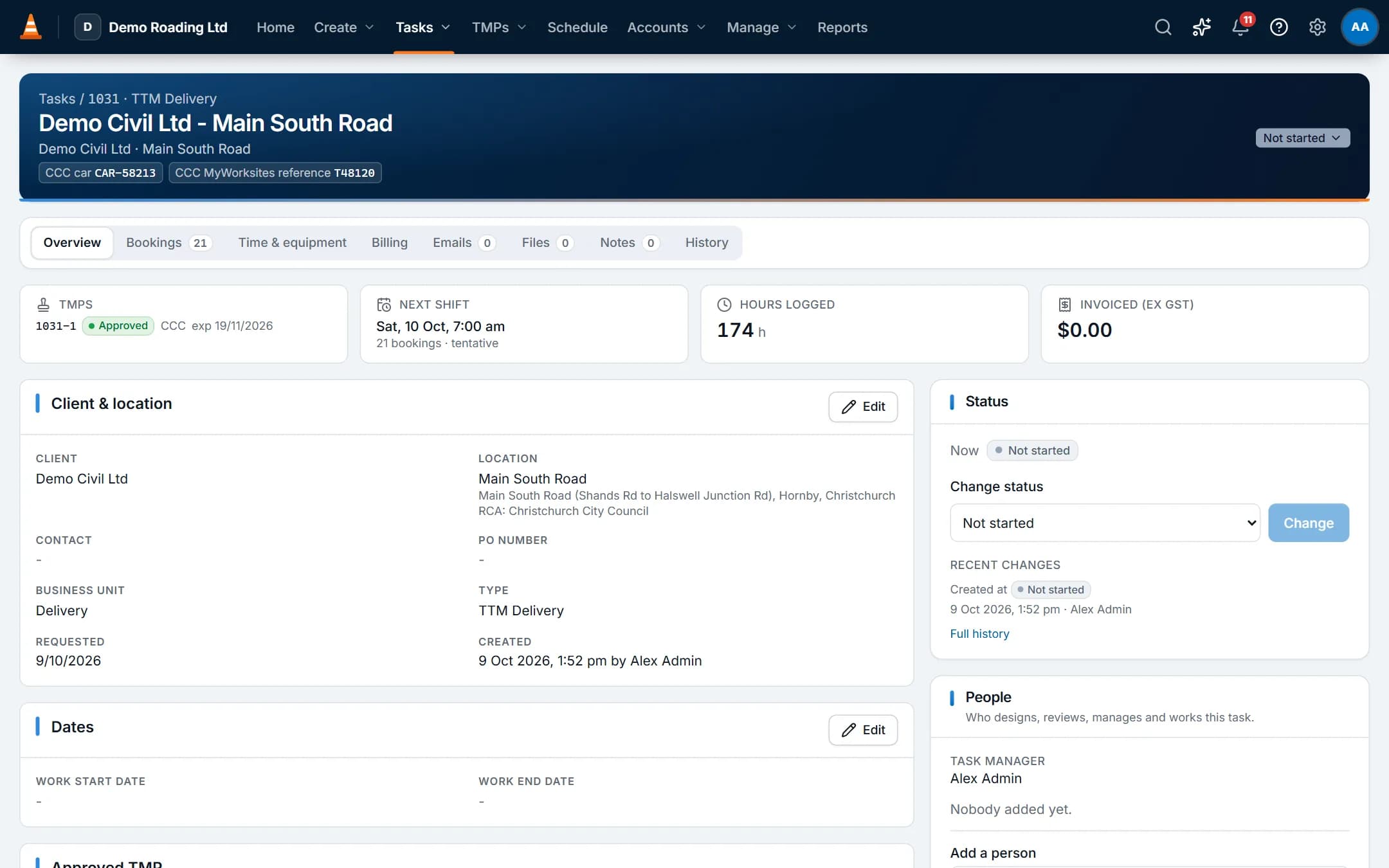 A task page: Client - Location header, RCA reference numbers, next shift and bookings