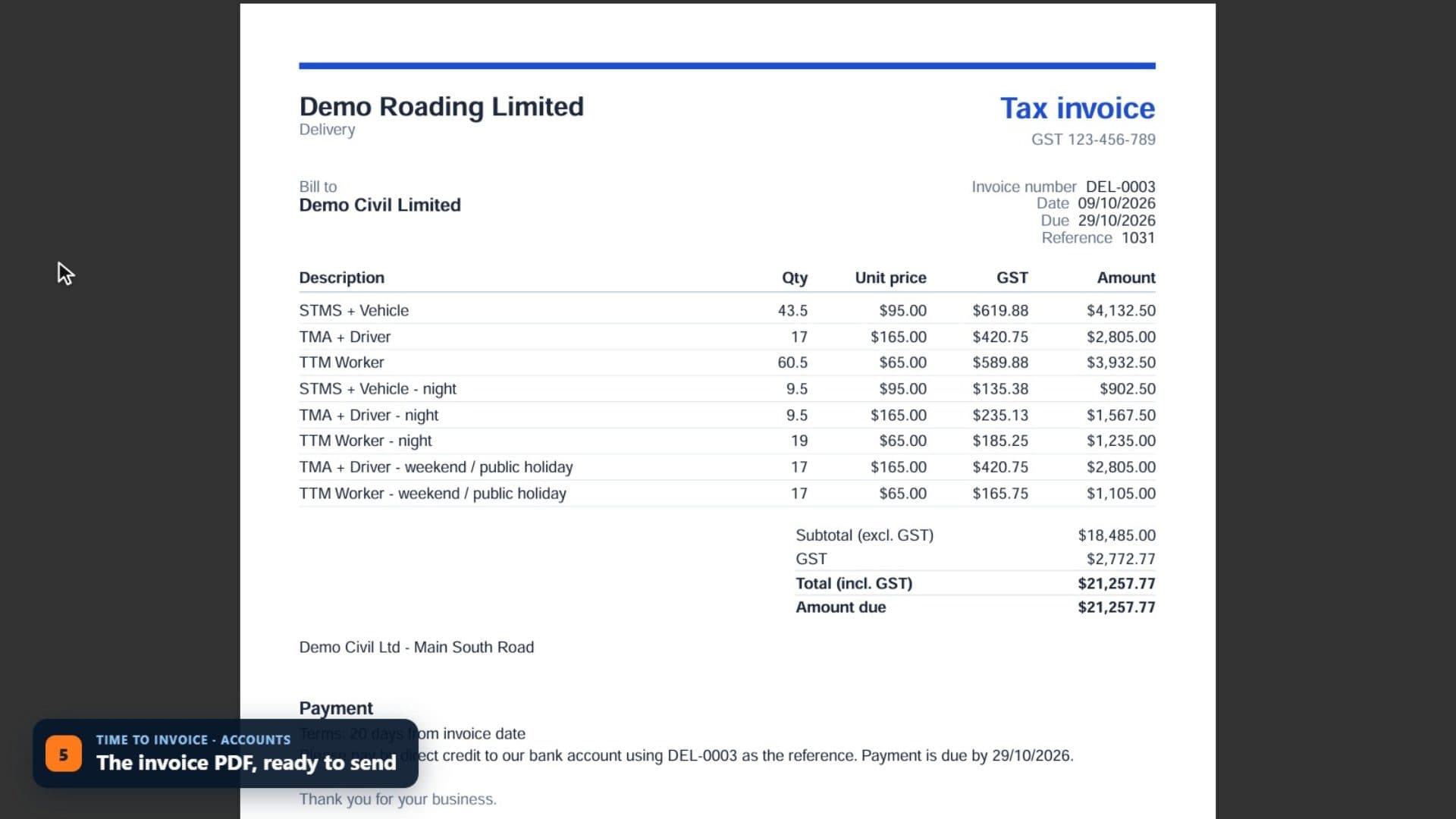From approved time to an invoice: a still from the demo video